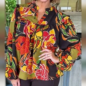 Oddy Bohemian Multicolored Floral Balloon Sleeve Blouse NWT